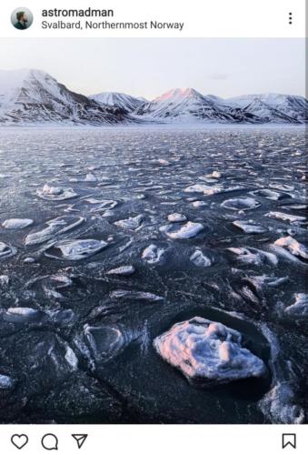 Denis Jurison, "Adventfjord Sea Ice illuminated by the sunset".